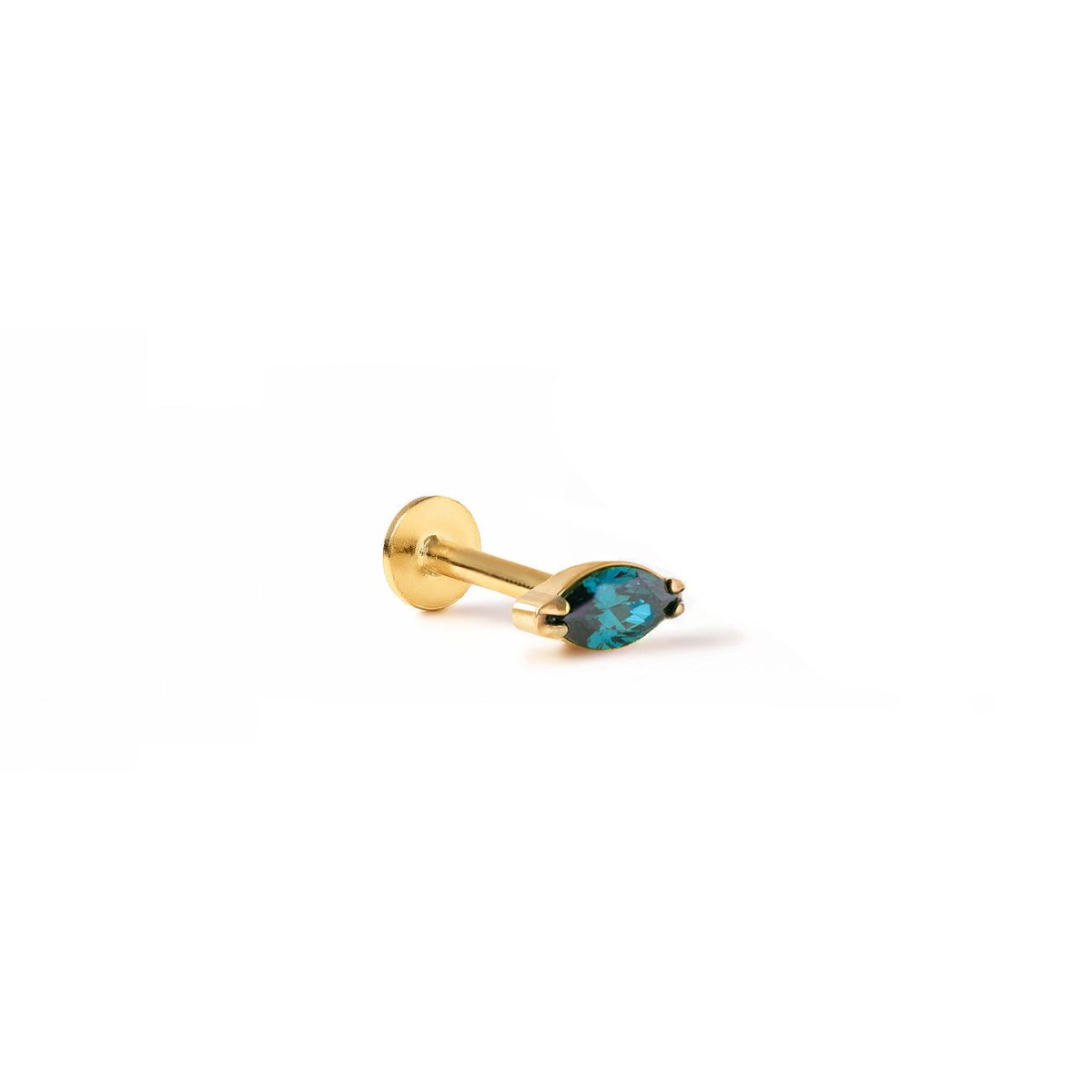 Gold titanium tiny marquise flat back stud with a blue zircon stone, on a white background| #Gemstone_Blue Zircon