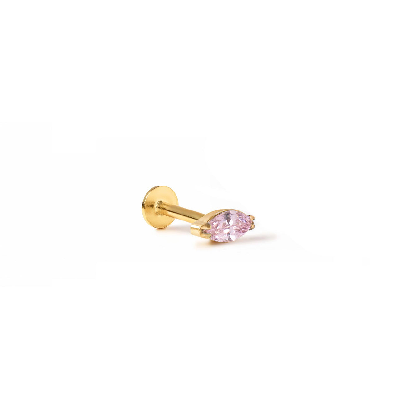 Gold titanium pink sapphire marquise flat back stud with a screw post, on a white background | #Gemstone_Pink Sapphire