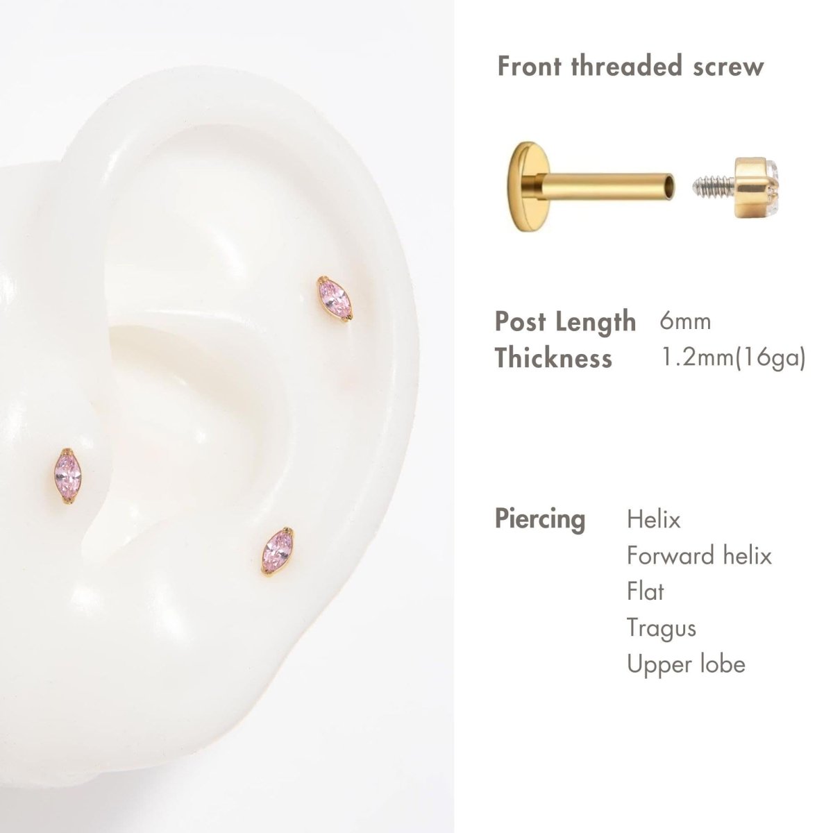 Gold titanium pink sapphire marquise flat back stud shown on a silicone ear at helix, tragus and lobe | #Gemstone_Pink Sapphire