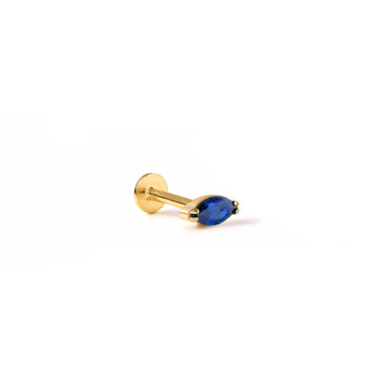 Gold titanium tiny marquise flat back stud with a blue sapphire, on a white background | #Gemstone_Blue Sapphire