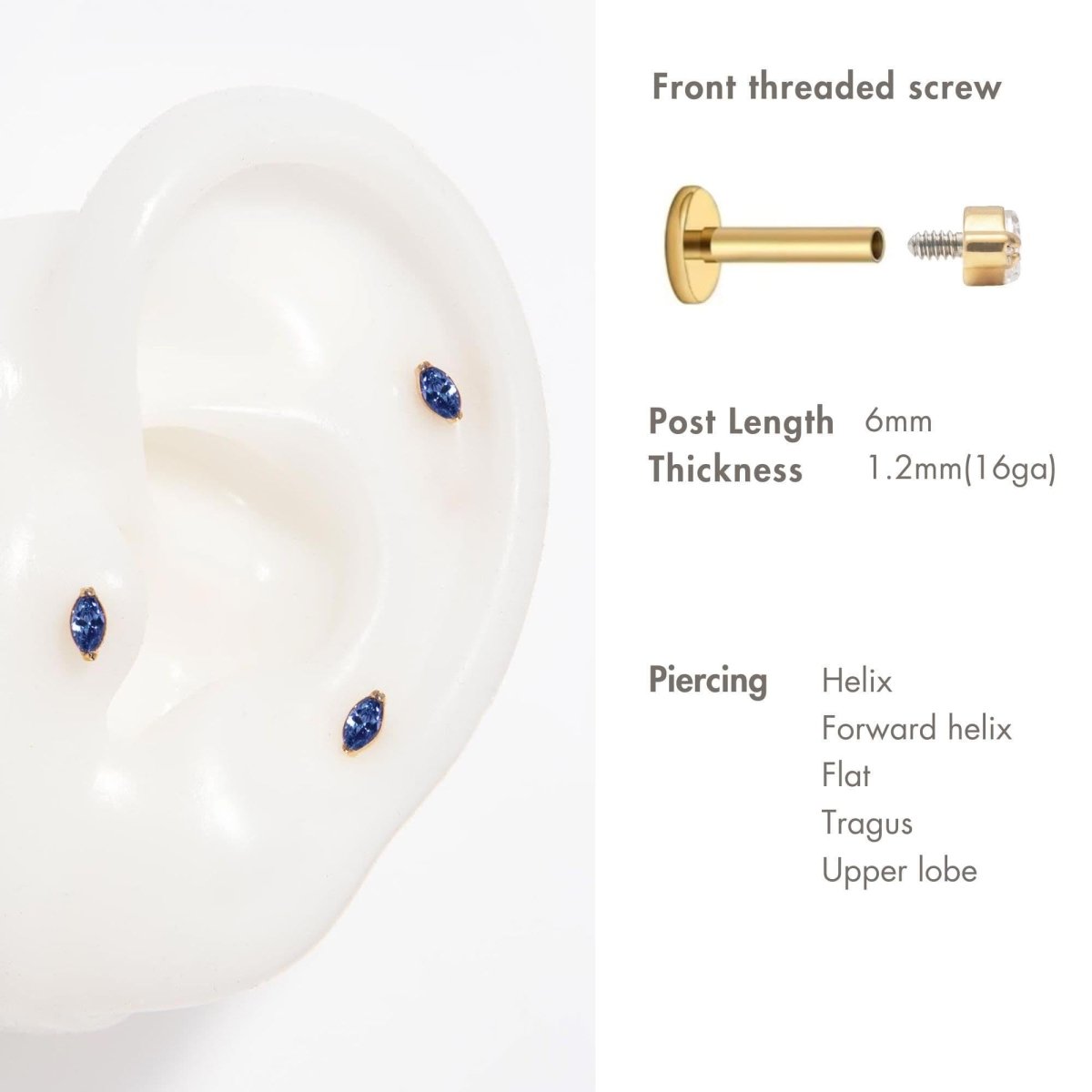Gold titanium blue sapphire flat back stud, side view showing the flat labret post | #Gemstone_Blue Sapphire