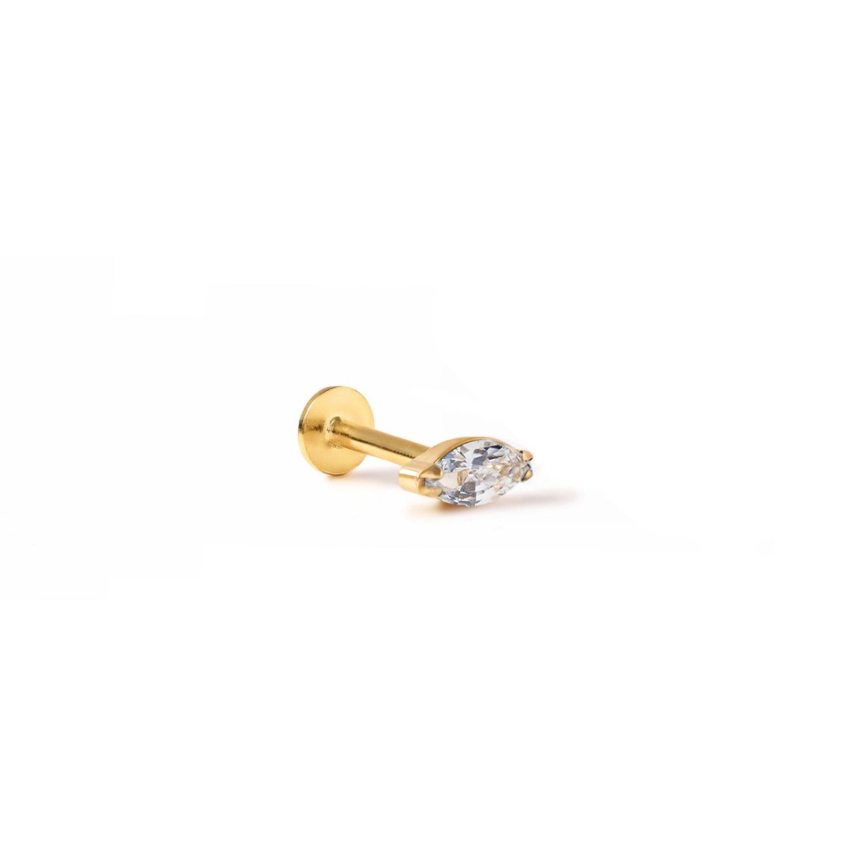 Gold titanium marquise white zirconia flat back stud with a screw post, on a white background