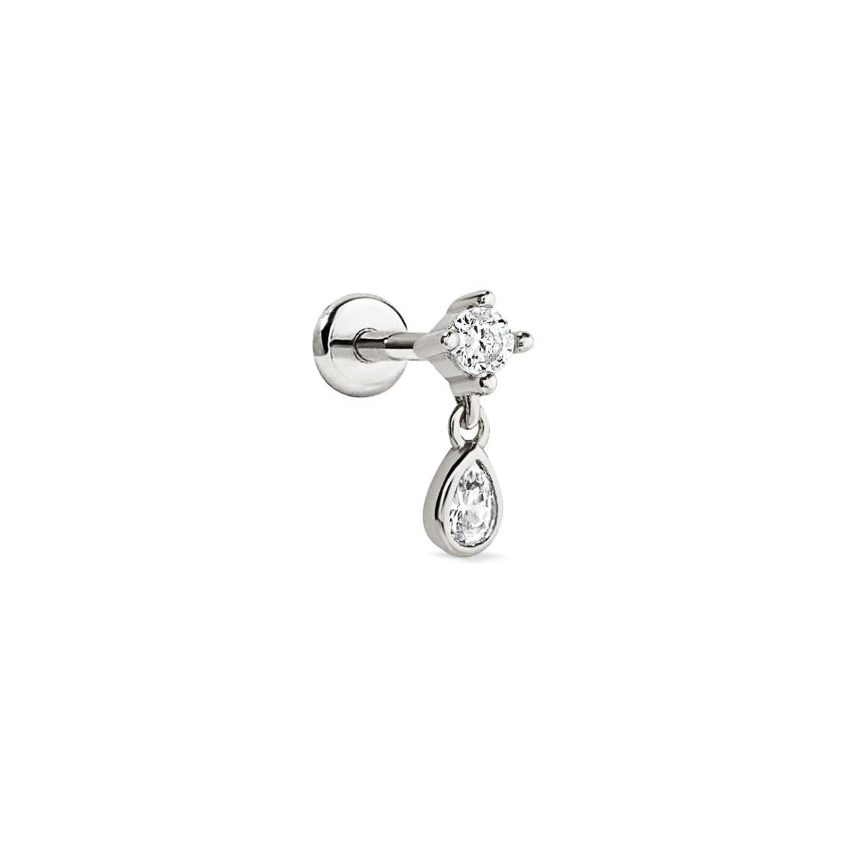 Sterling silver flat back stud with a round stone and dangling pear clear stone, on a white background