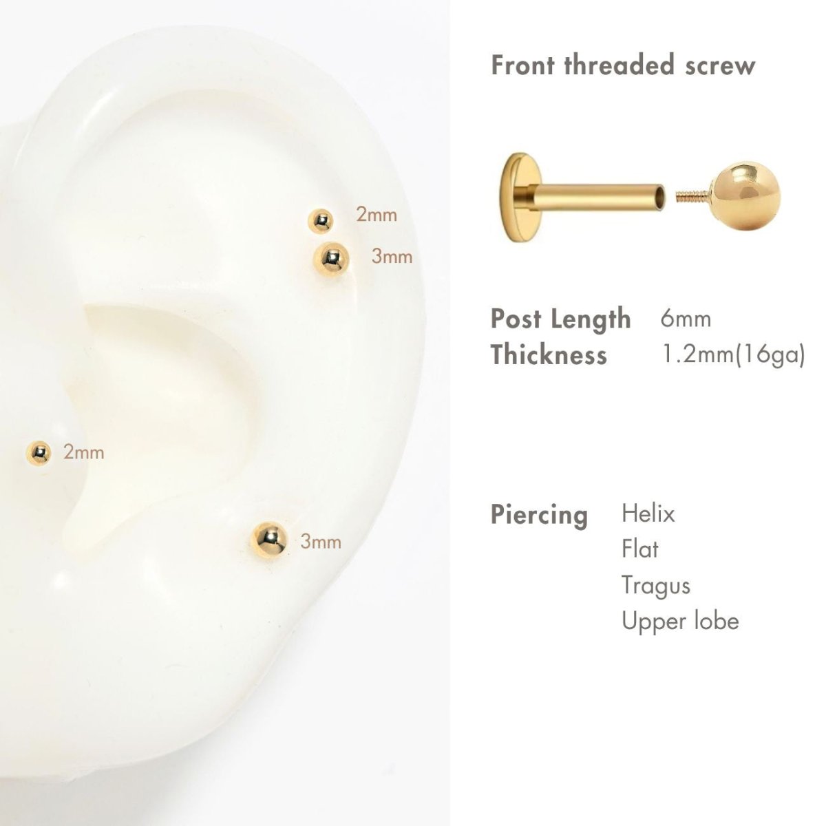 Gold titanium flat back stud placement and screw-post spec graphic, 2mm and 3mm on an ear