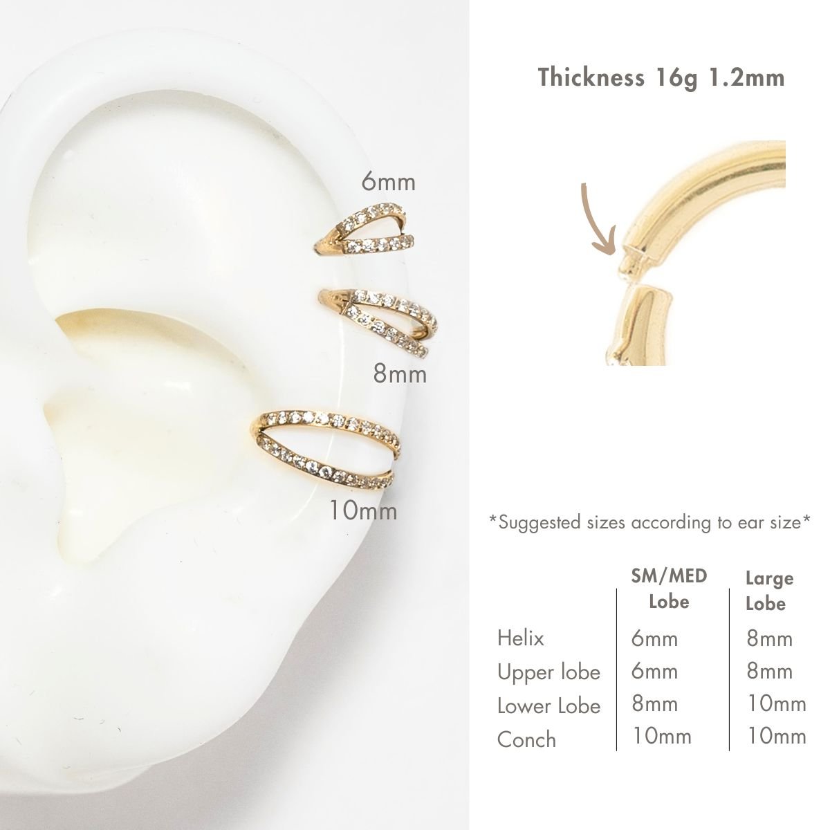 Gold titanium pavé hoops with clear stones, size comparison on a silicone ear at 6mm, 8mm and 10mm
