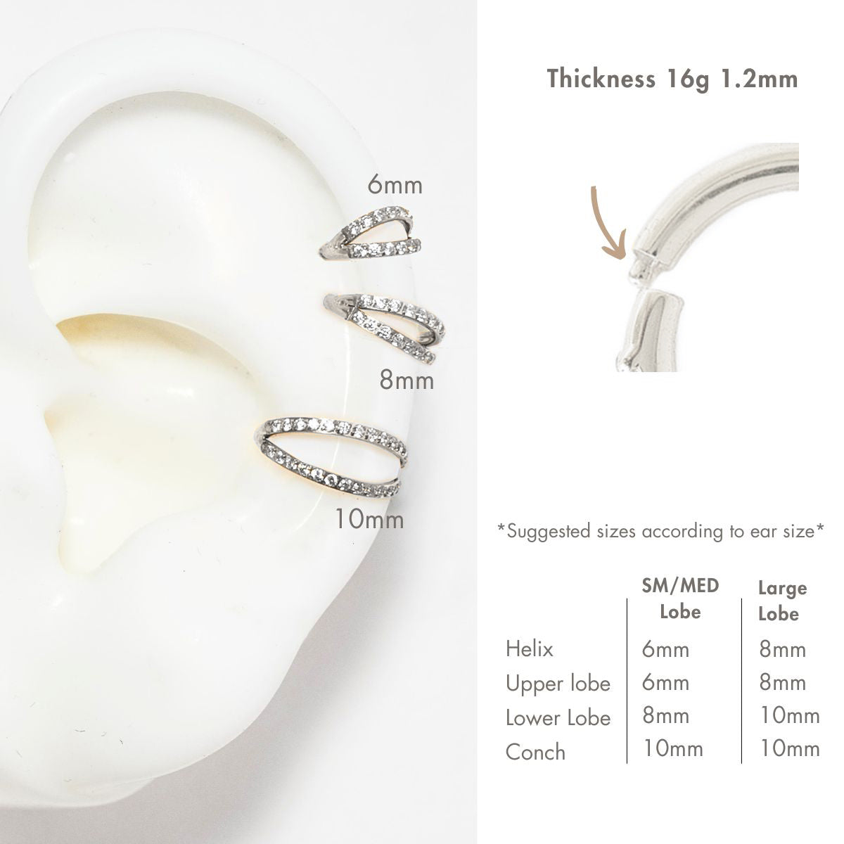 Gold titanium pavé huggie hoops with clear stones, size guide on a silicone ear showing 6mm, 8mm and 10mm