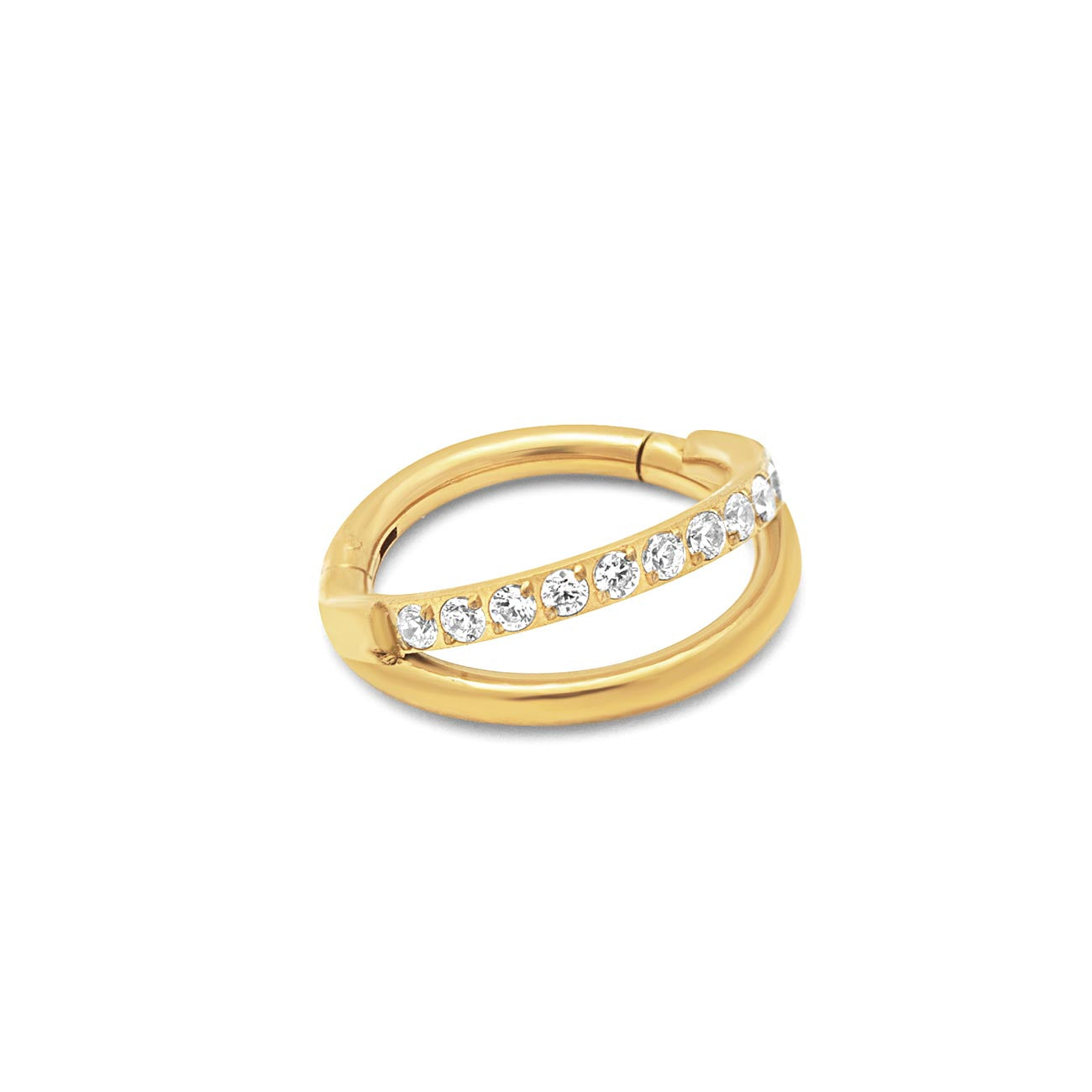 Gold titanium clicker hoop with a row of zirconia and a plain band, on a white background