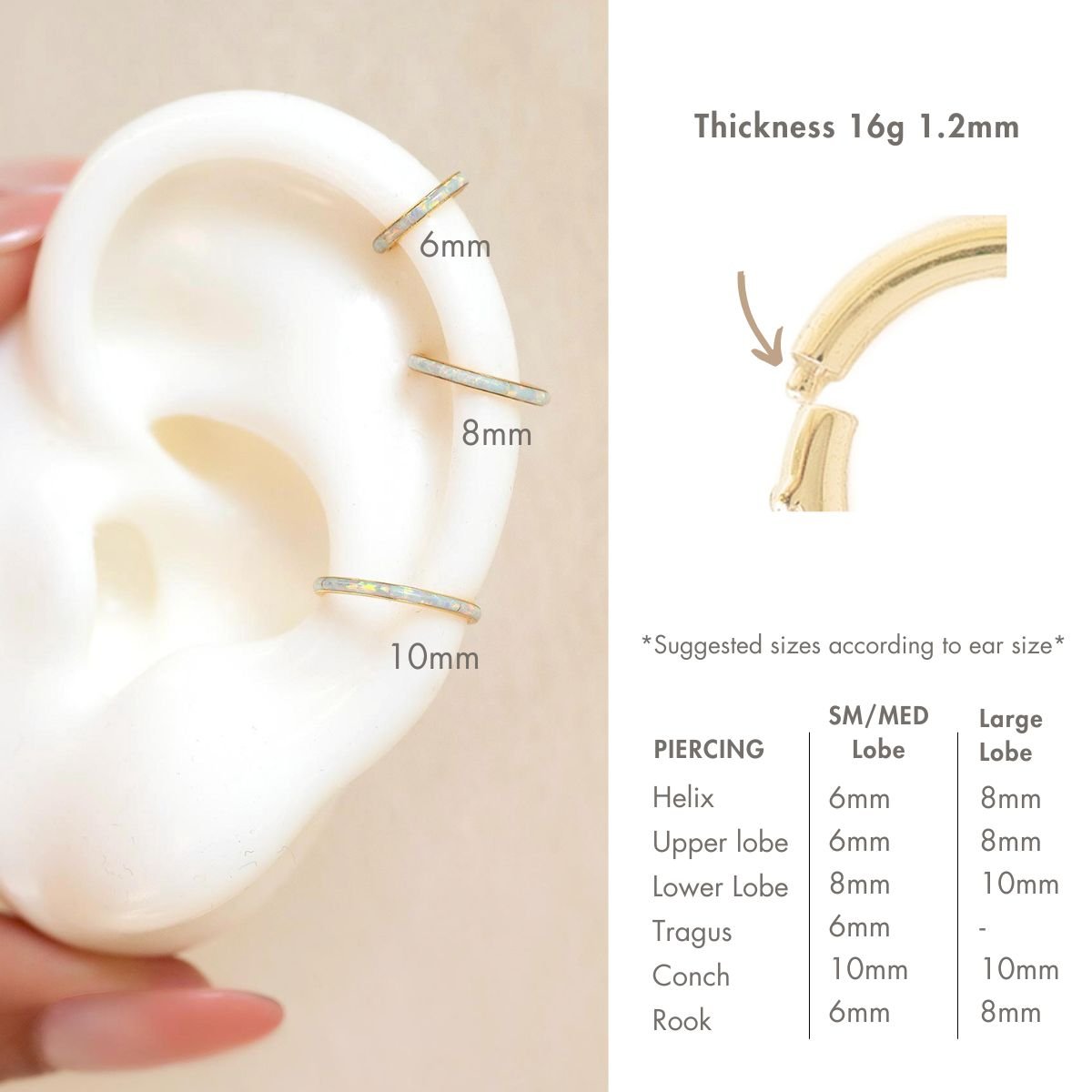 Gold opal clicker hoops in 6mm, 8mm and 10mm with a piercing size guide, on a model ear