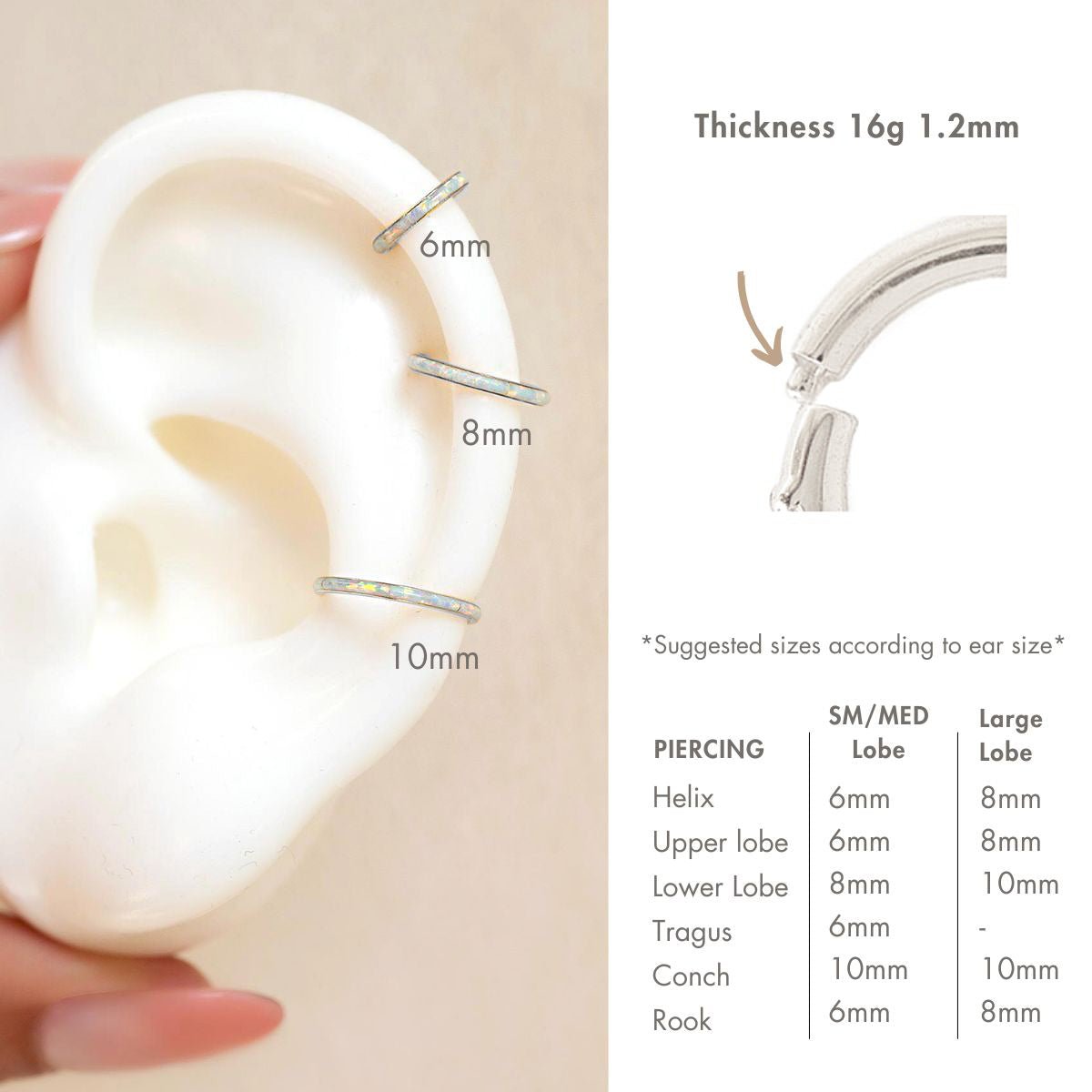 Gold opal clicker hoops in 6mm, 8mm and 10mm with a piercing size guide, on a model ear