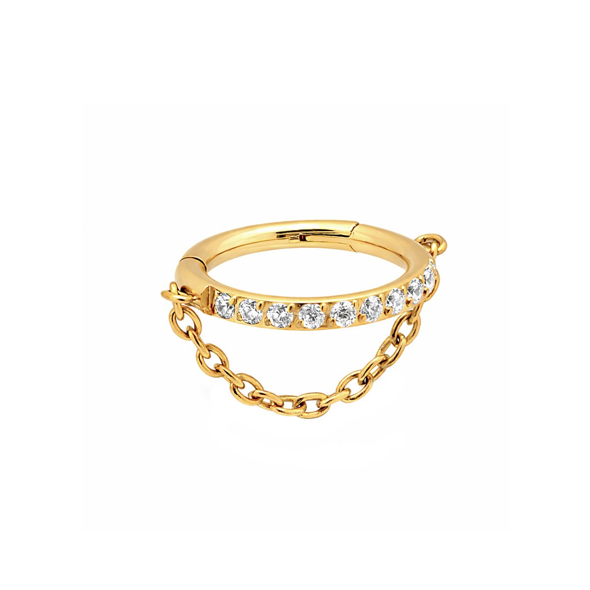 Gold titanium cartilage clicker hoop pavé with white stones and a draped chain, on a white background