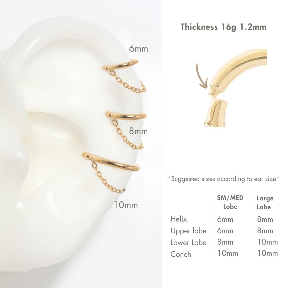 Gold titanium clicker chain hoops in 6mm, 8mm and 10mm on a silicone ear, 16g