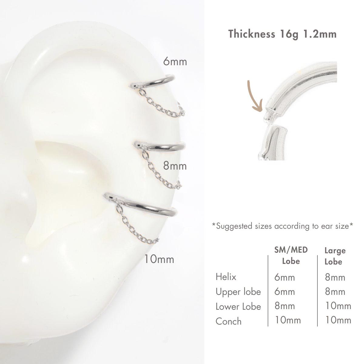 Titanium clicker chain hoops in 6mm, 8mm and 10mm shown on a silicone ear, 16g