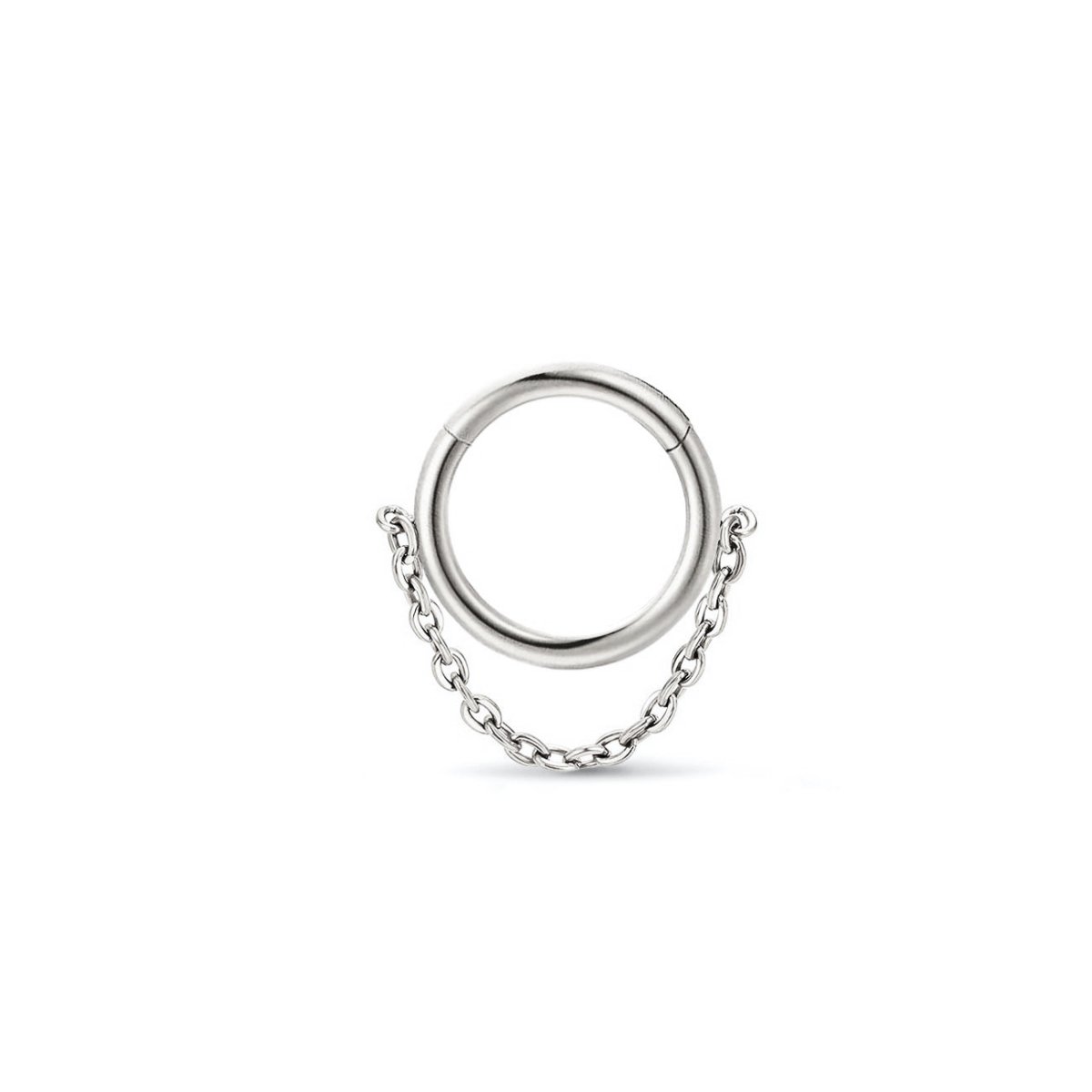 Titanium silver seamless clicker hoop with a draped chain, on a white background