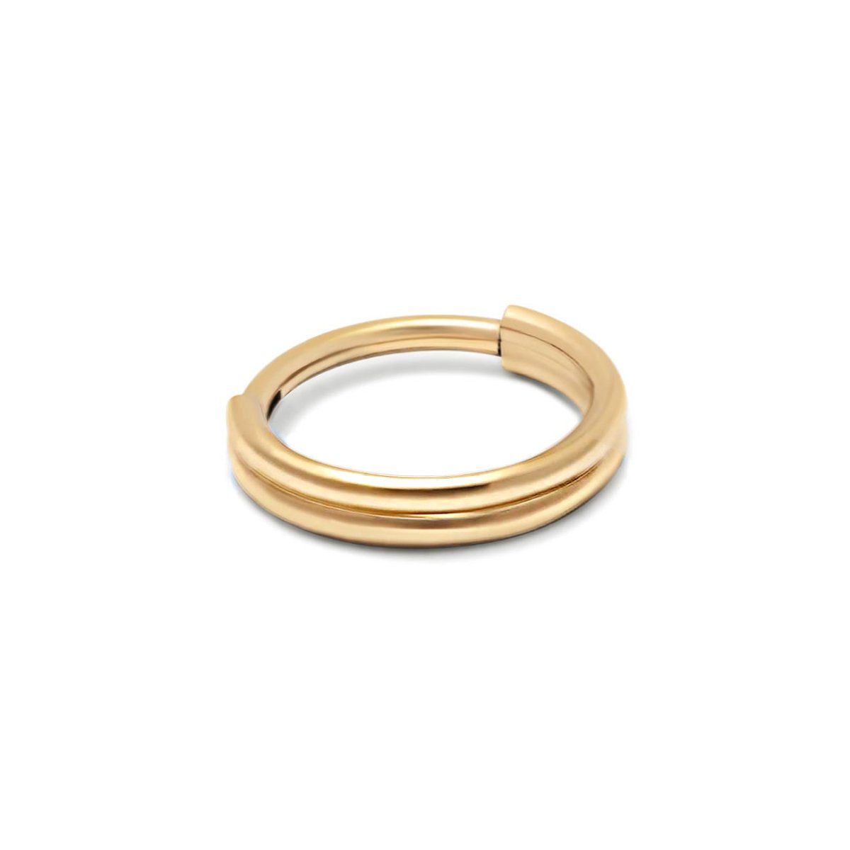 Gold titanium double hoop clicker earring with a stacked two-row band, on a white background