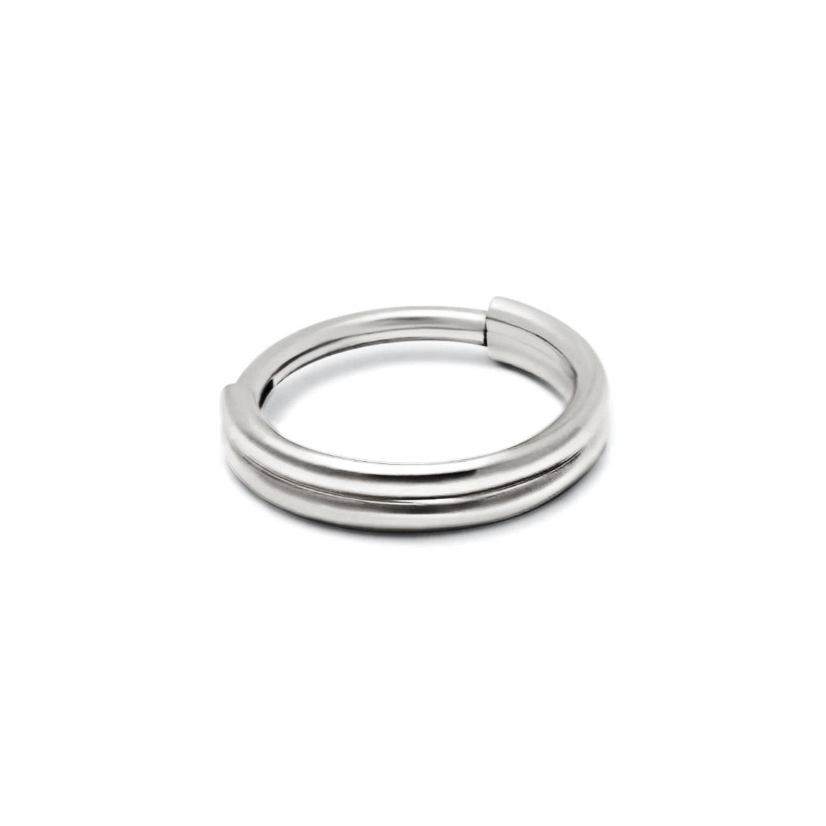 Titanium double hoop clicker earring with a stacked two-row band, on a white background