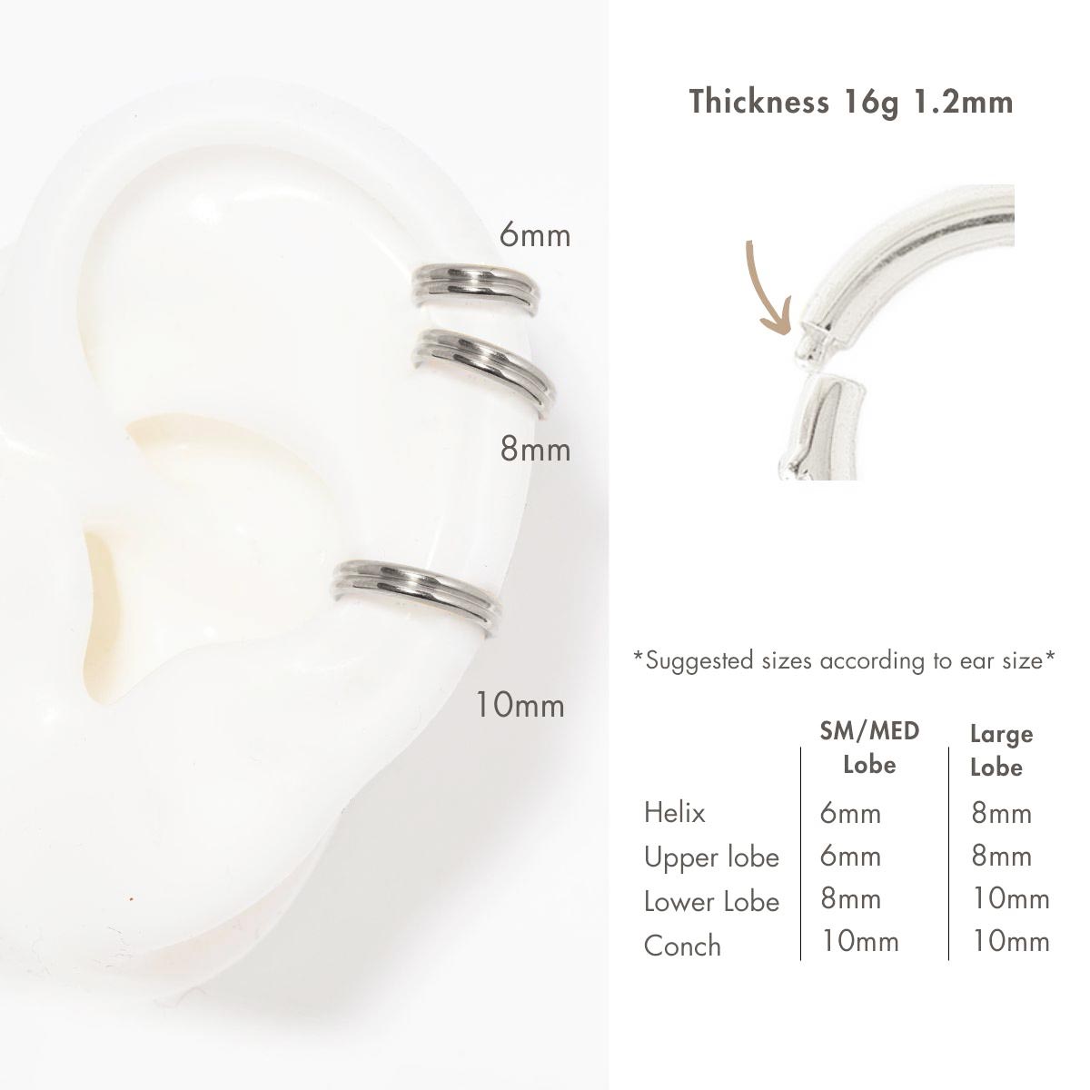 Titanium double hoop earring size guide, 6mm, 8mm and 10mm shown on an ear, 16g 1.2mm thickness