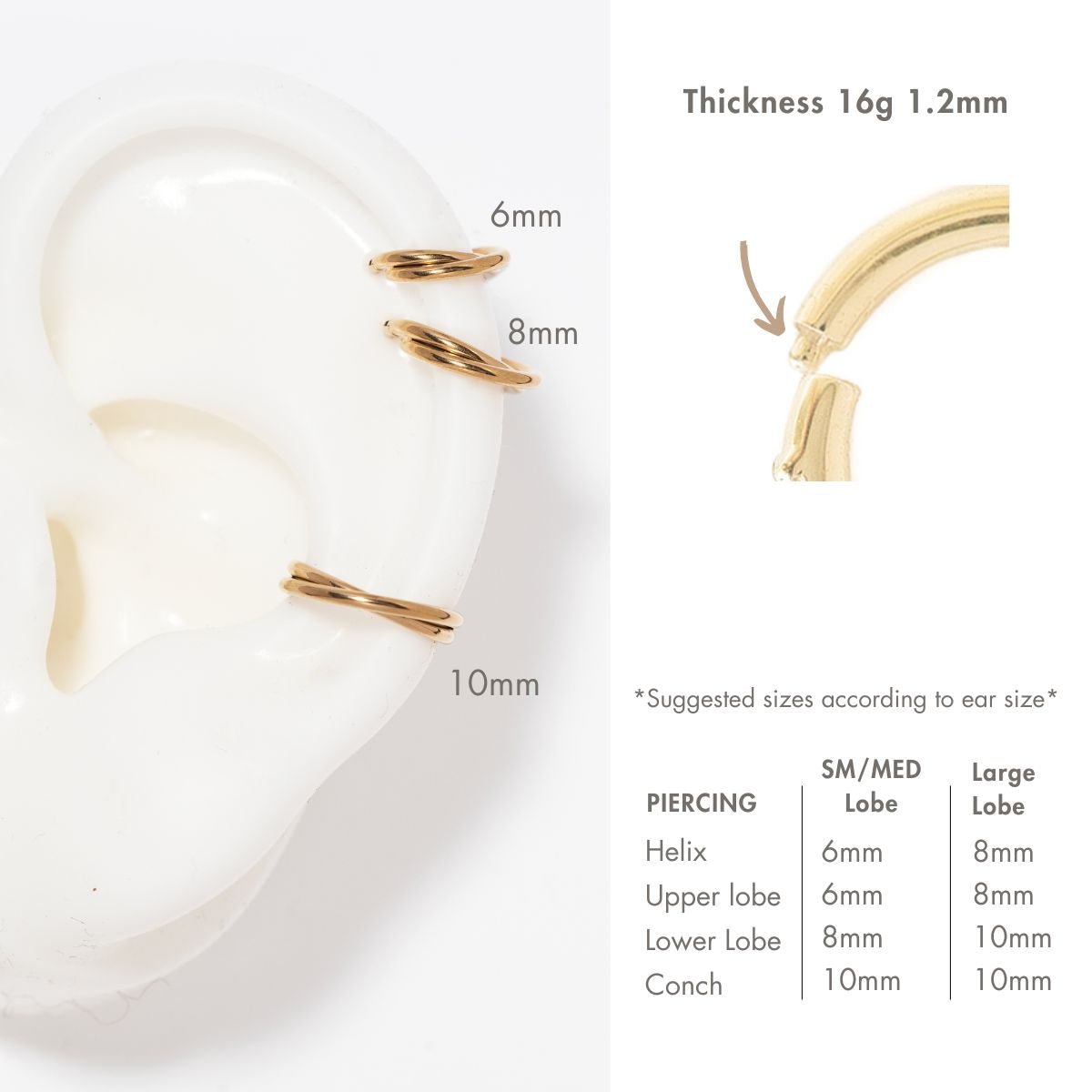 Gold titanium criss-cross cartilage hoop size chart, 6mm 8mm and 10mm on an ear, 16g