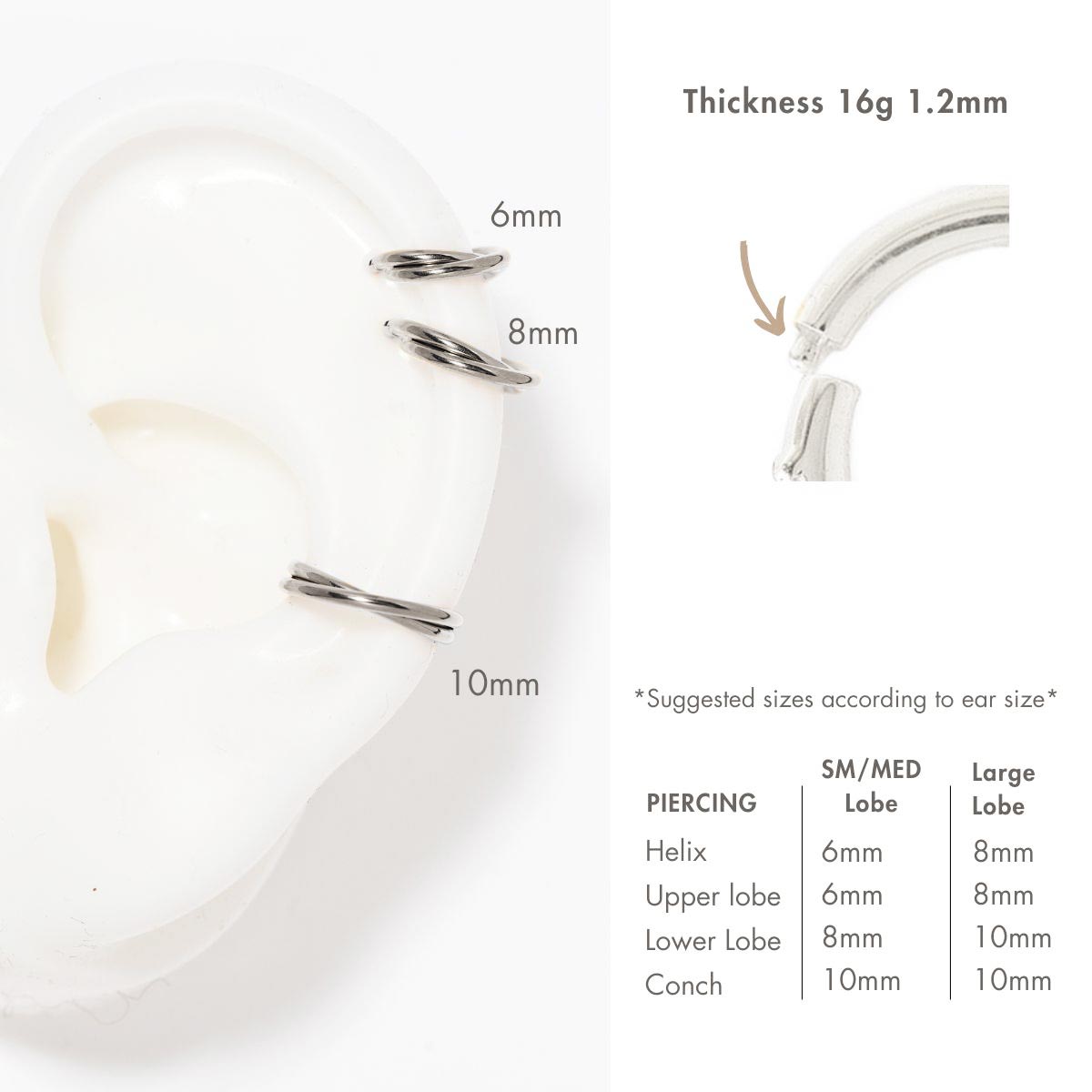 Silver titanium criss-cross cartilage hoop size chart, 6mm 8mm and 10mm, 16g