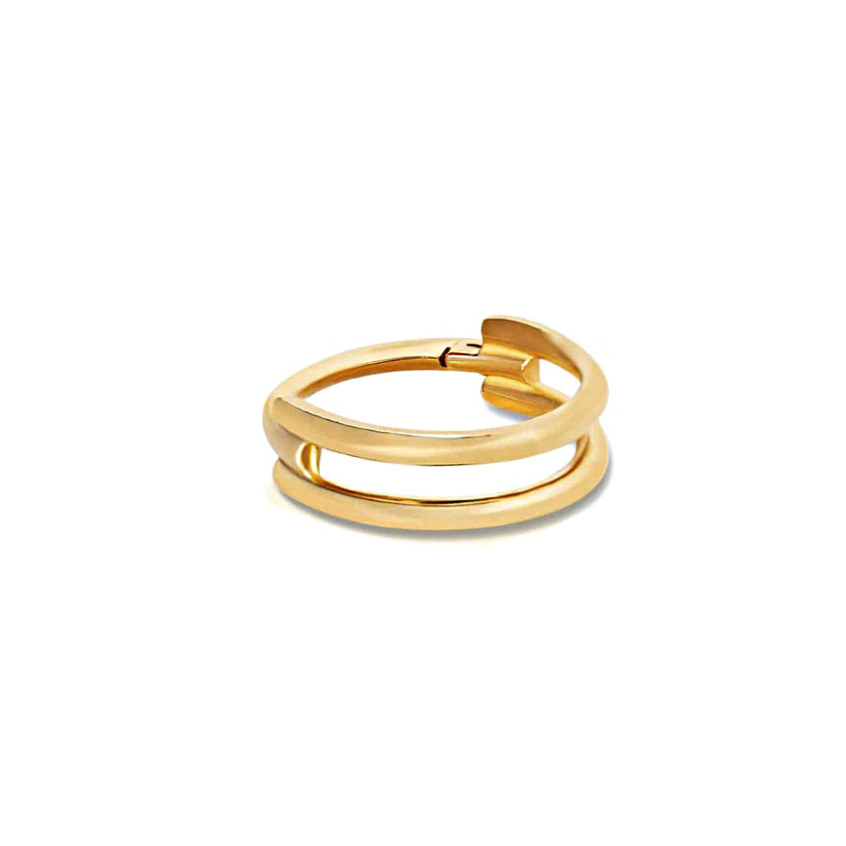 Gold titanium double hoop cartilage earring with a hinged clicker closure, on a white background