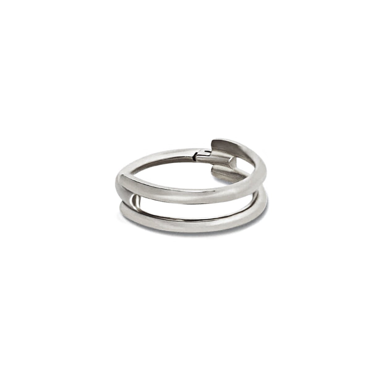 Titanium double hoop cartilage earring with a hinged clicker closure, on a white background