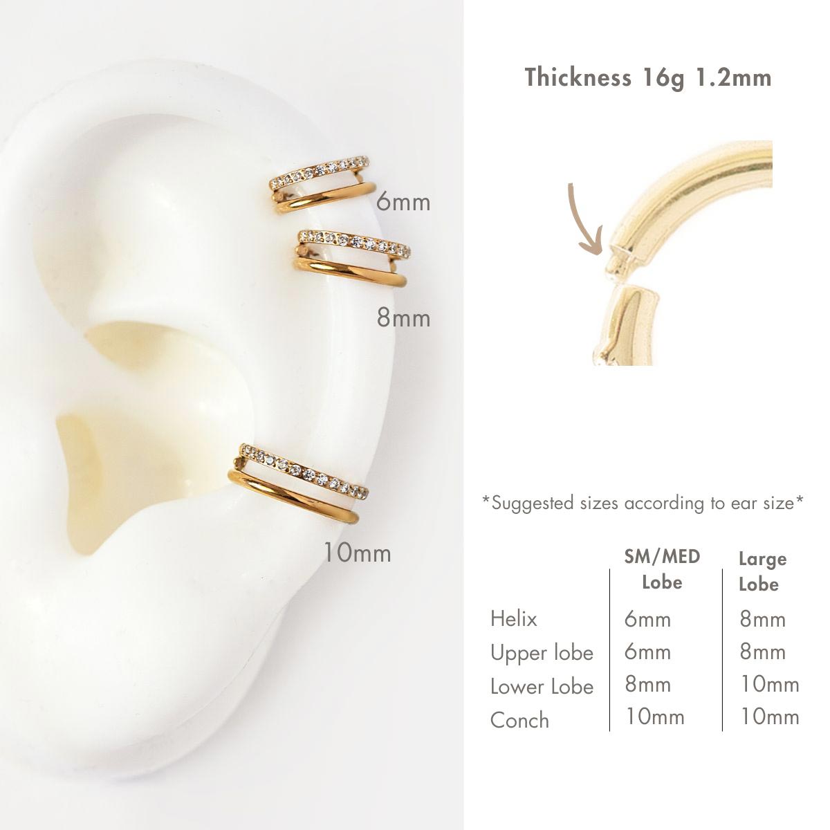 Gold titanium pavé double-hoop cartilage earring size guide, 6mm, 8mm and 10mm, 16g 1.2mm