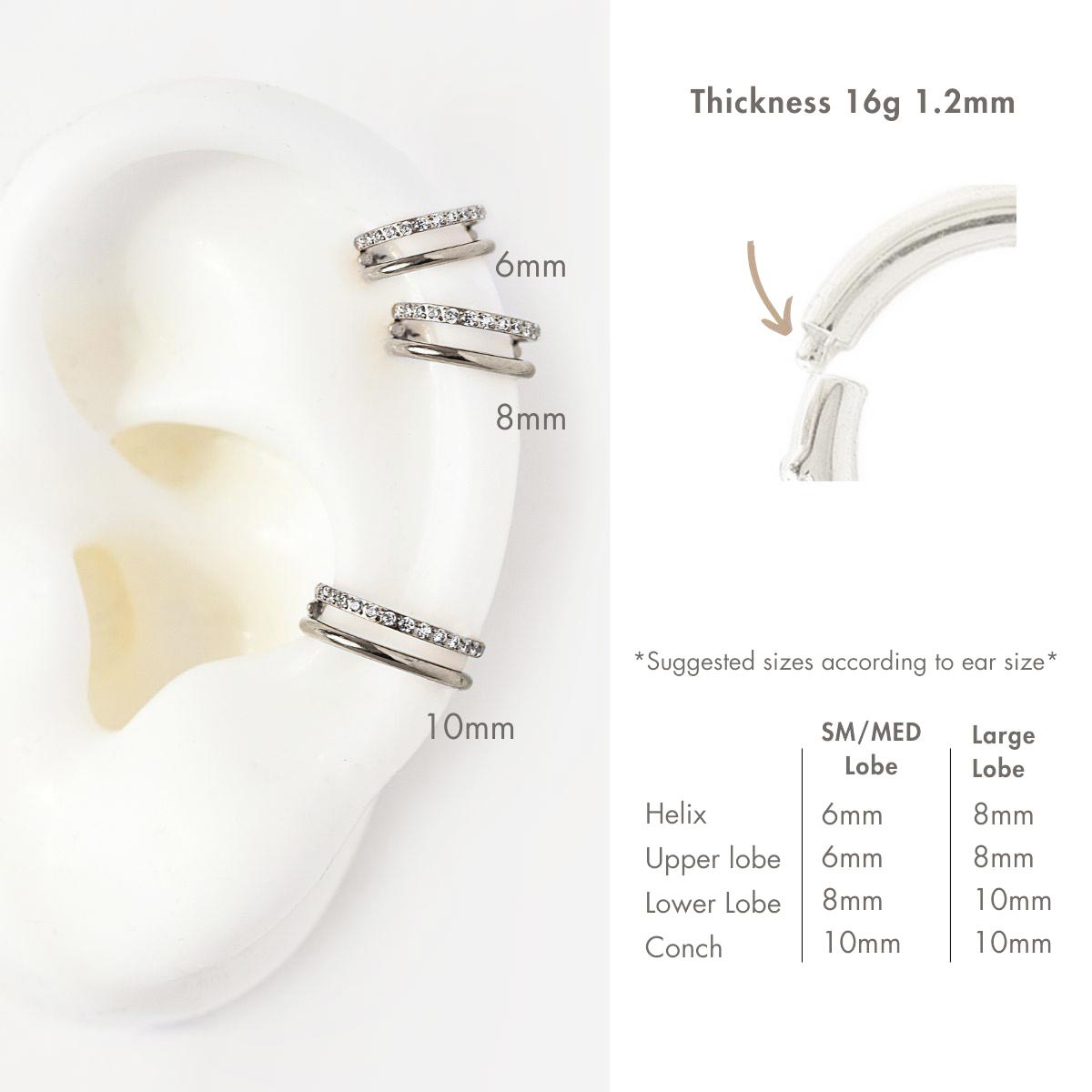 Titanium pavé double-hoop cartilage earring size guide, 6mm, 8mm and 10mm, 16g 1.2mm