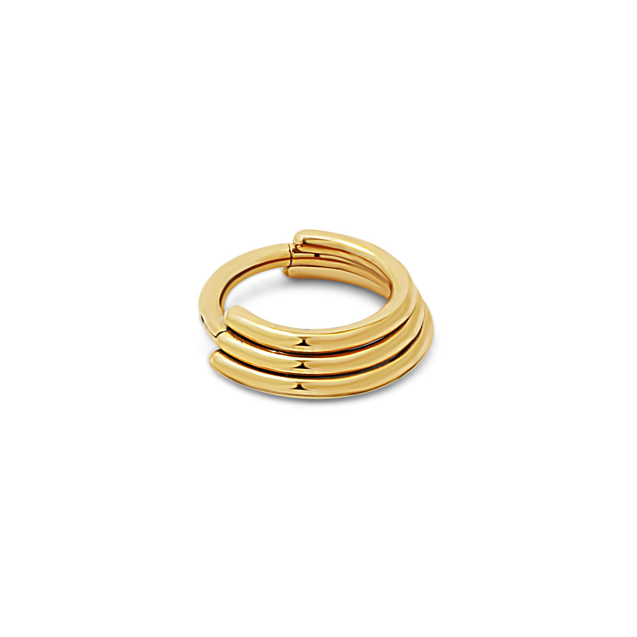 Gold titanium ridged triple-band cartilage clicker hoop earring, on a white background