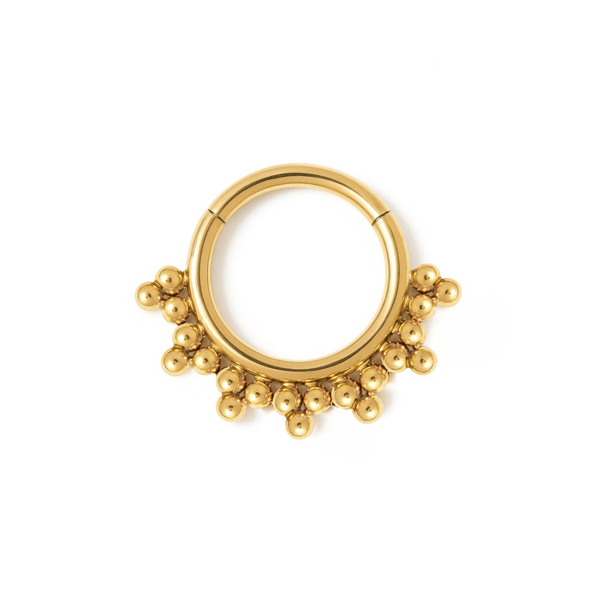 Gold titanium beaded half clicker hoop with a bead cluster trim, on a white background