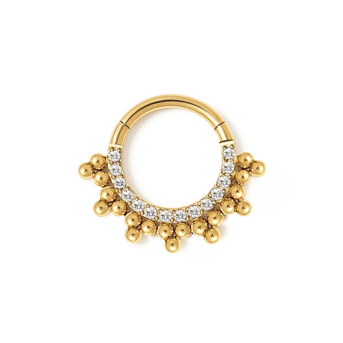 Gold titanium half clicker hoop with pavé clear stones and beaded gold detail, on a white background
