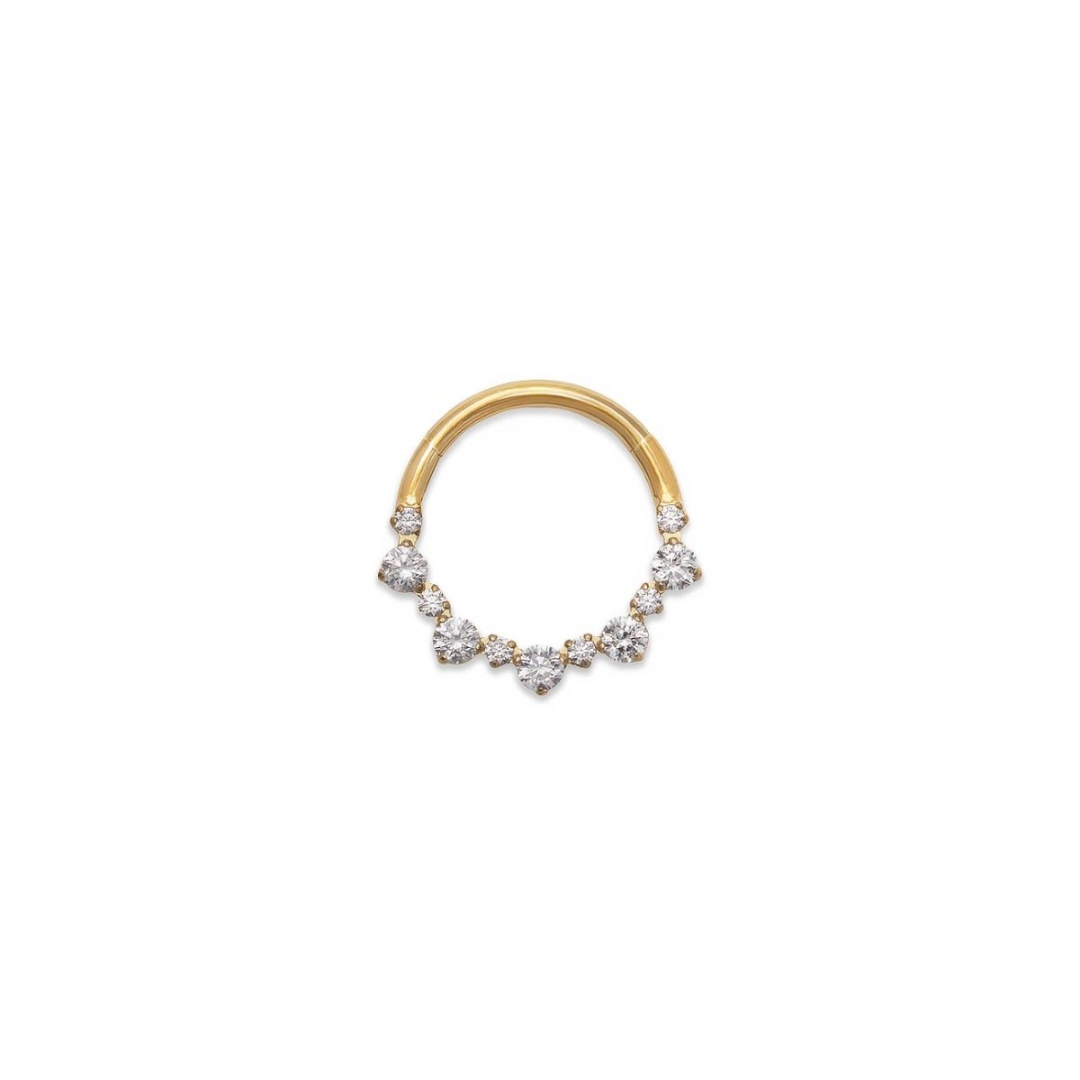 Gold titanium seamless clicker hoop with a row of round clear stones, on a white background