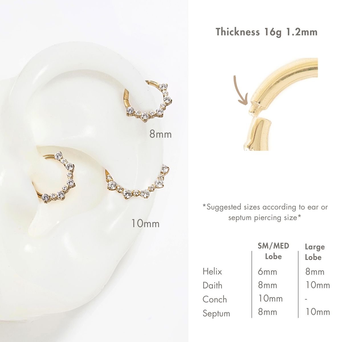 Gold titanium clicker hoops with clear stones in 8mm and 10mm, shown on an ear model