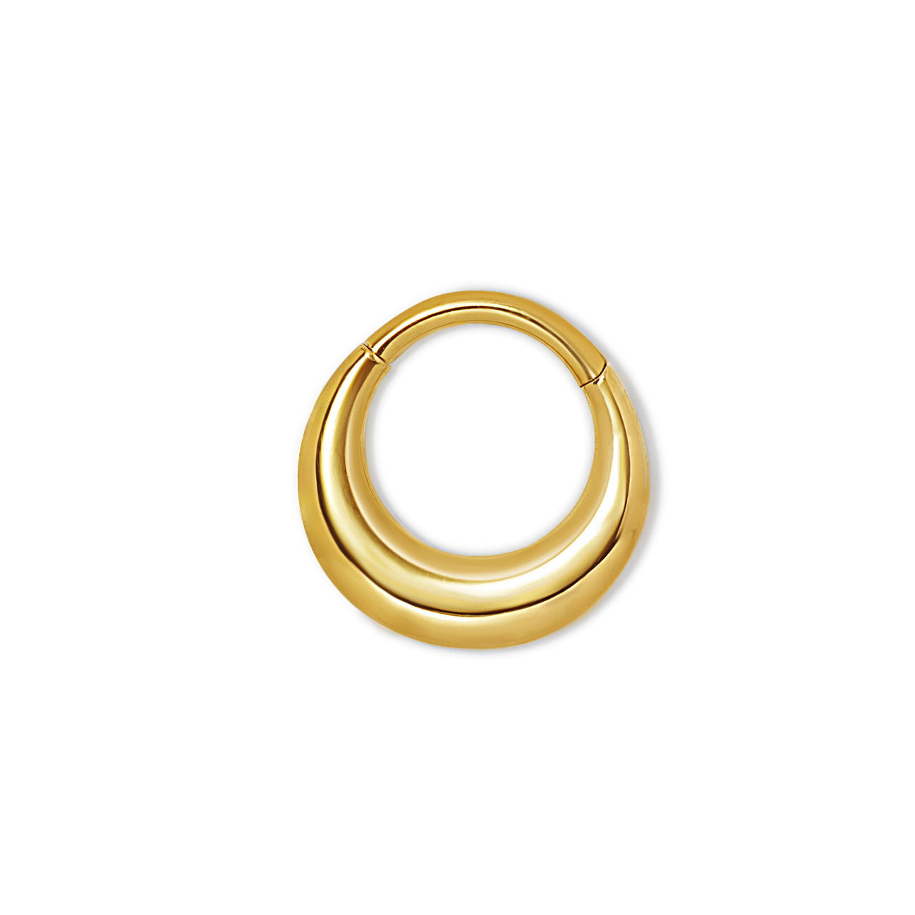 Gold titanium domed clicker hoop with a wide crescent front, on a white background