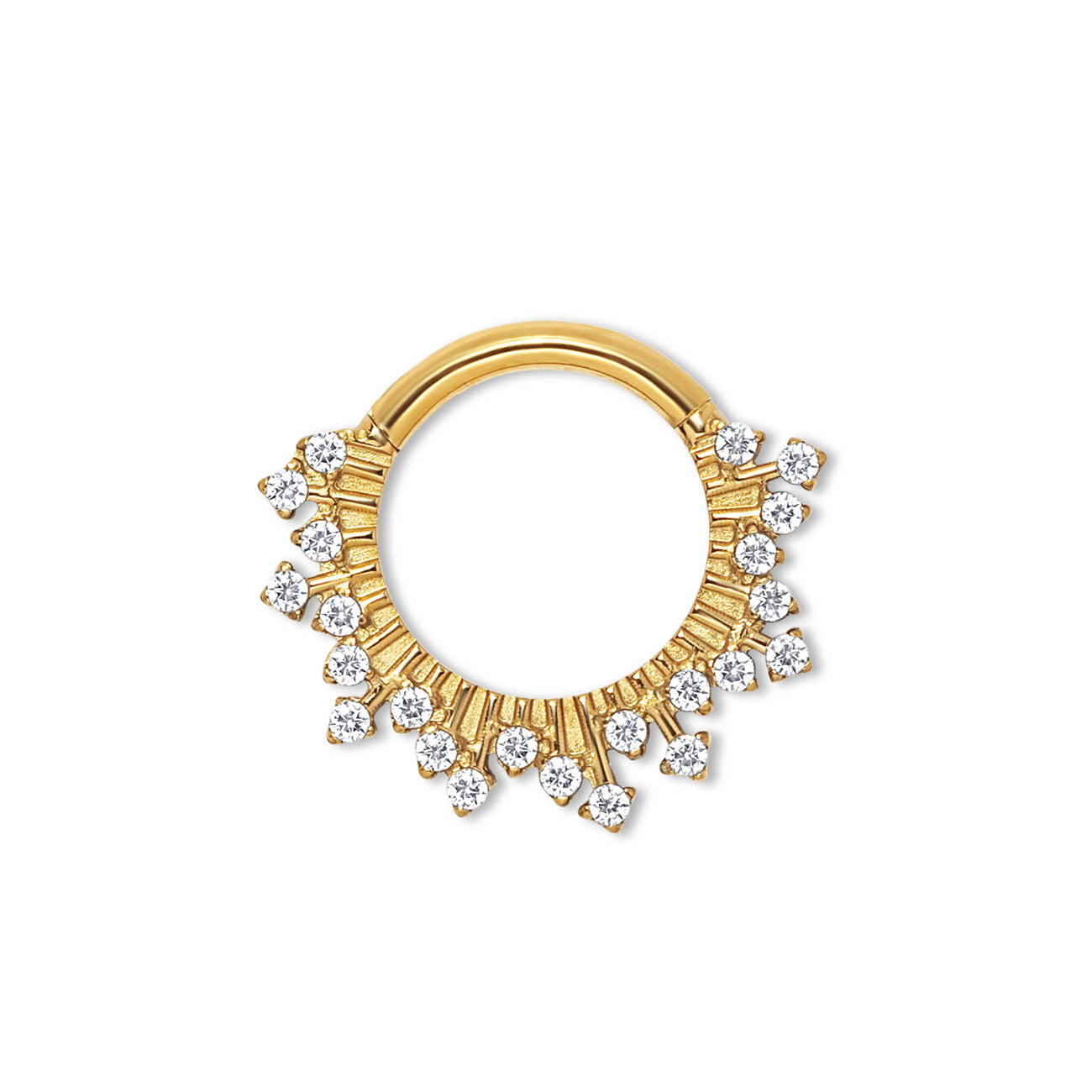 Gold titanium seamless hoop with white zirconia and a beaded deco border, on a white background
