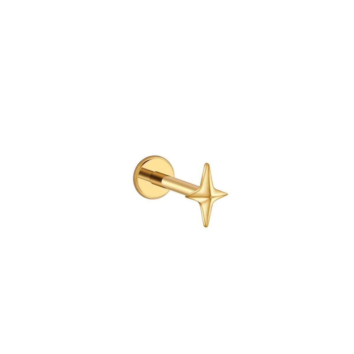 Gold titanium Northern Star flat back stud, a four-point star on a labret post, on a white background