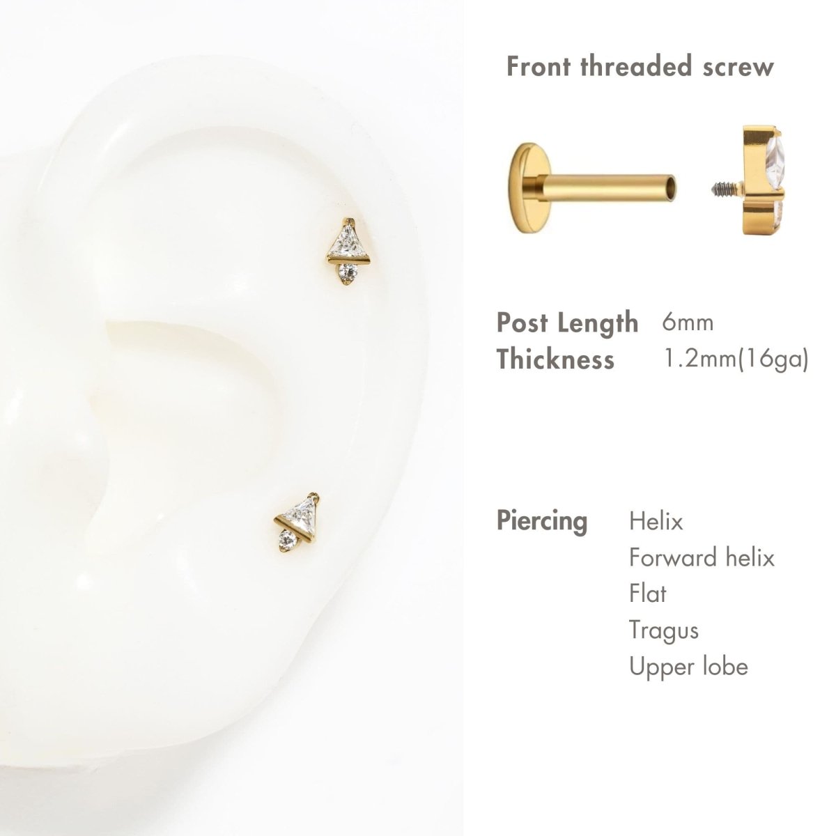 Gold titanium triangle flat back studs, size and placement guide with screw detail