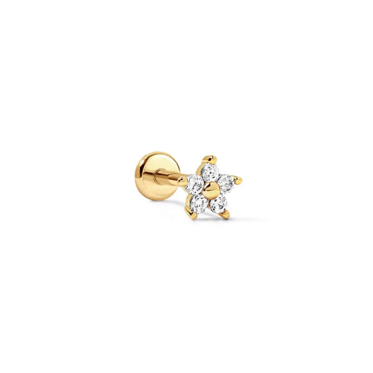 Gold vermeil flat back stud with a five-petal zirconia flower and beaded center, on a white background