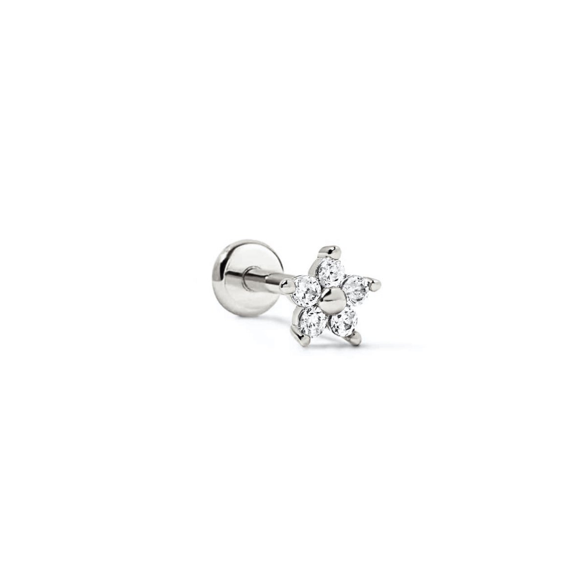 Sterling silver flat back stud with a five-petal clear zirconia flower and beaded center, on a white background