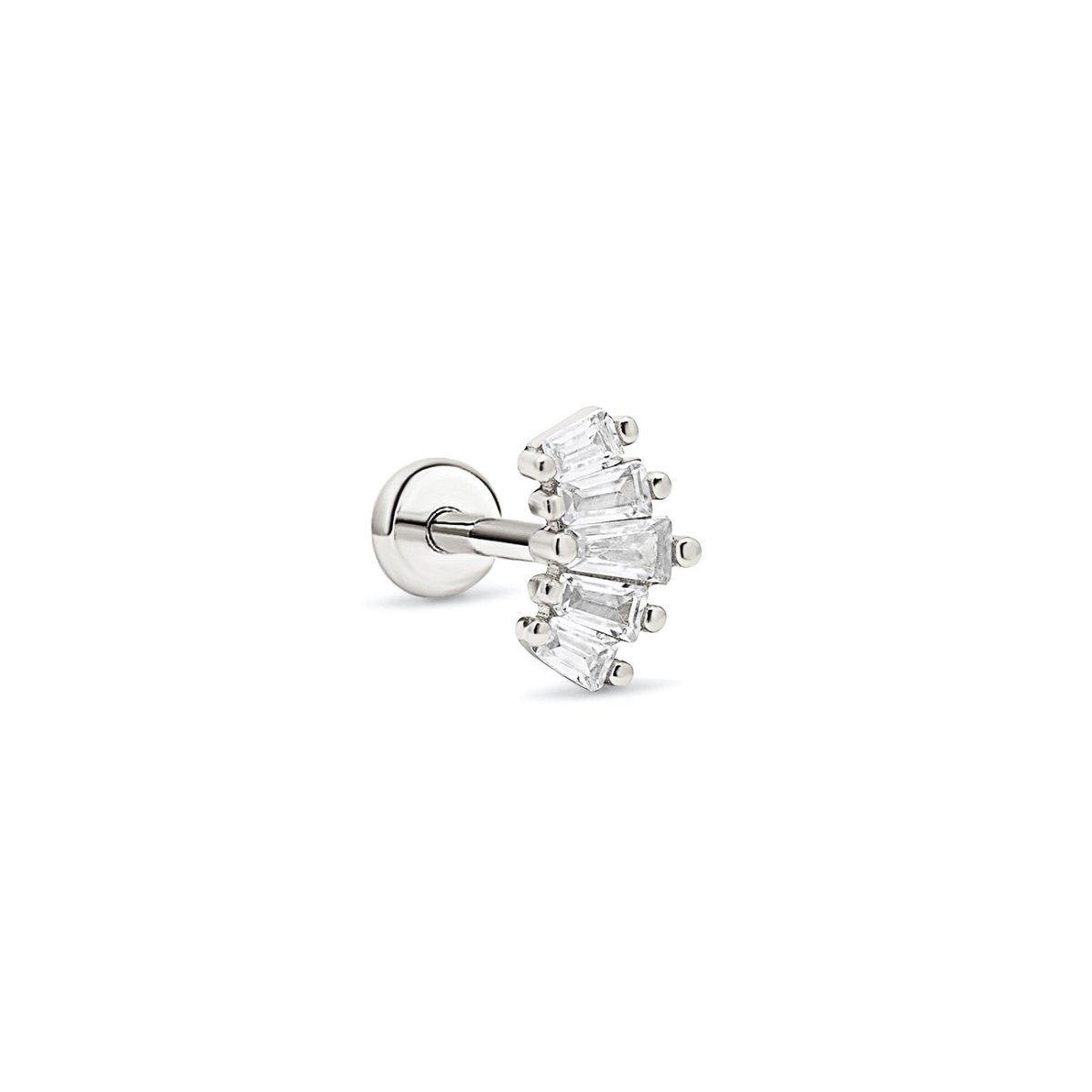 Sterling silver flat back stud with stacked clear baguette stones, on a white background