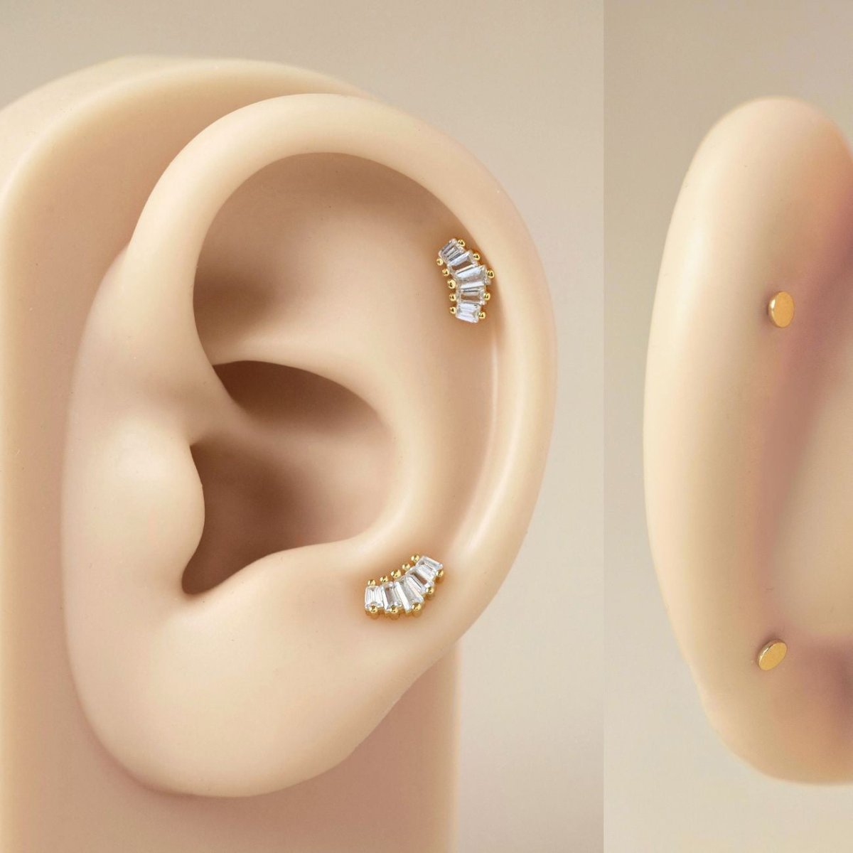 Gold vermeil baguette flat back stud shown on a silicone ear with flat back detail