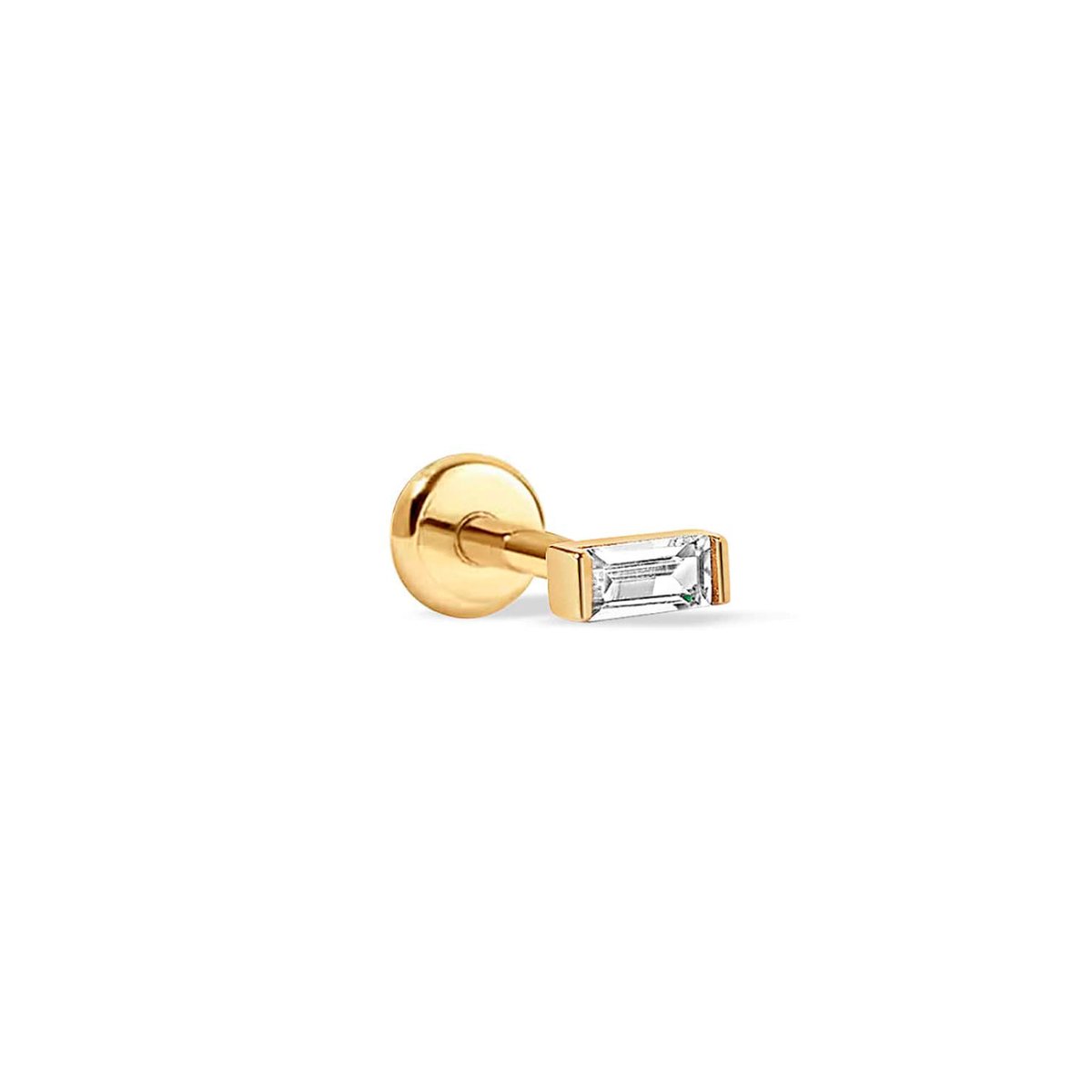 Gold vermeil flat back stud with a clear baguette stone, on a white background