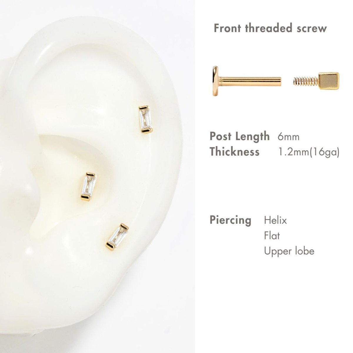Gold baguette flat back studs on a silicone ear with a screw-back size and placement guide