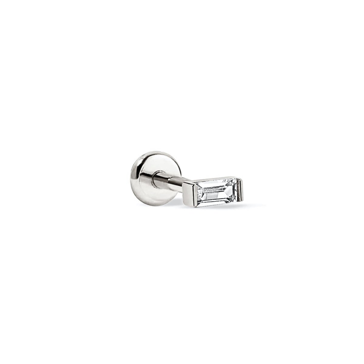 Sterling silver flat back stud with a clear baguette stone, on a white background