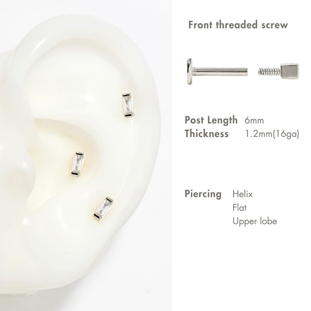Silver baguette flat back studs on a silicone ear with a screw-back size and placement guide