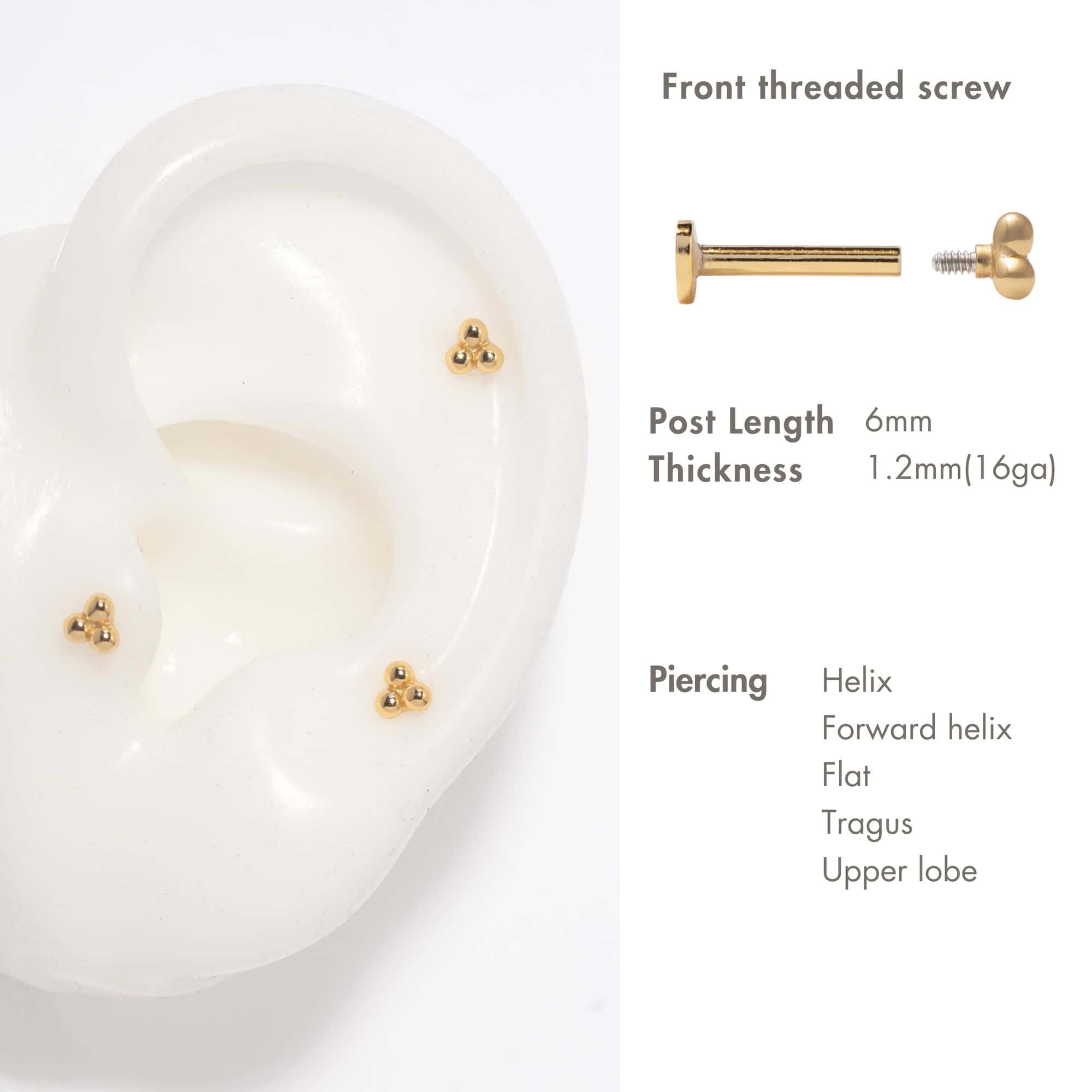 Gold vermeil trinity-bead flat back studs on a silicone ear, with size and screw-post graphic