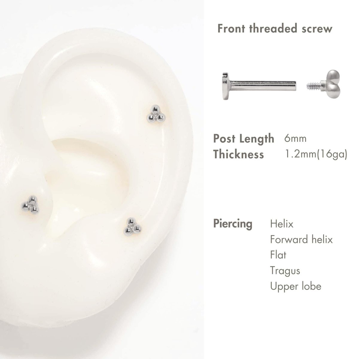 Sterling silver trinity-bead flat back studs on a silicone ear, with size and post graphic