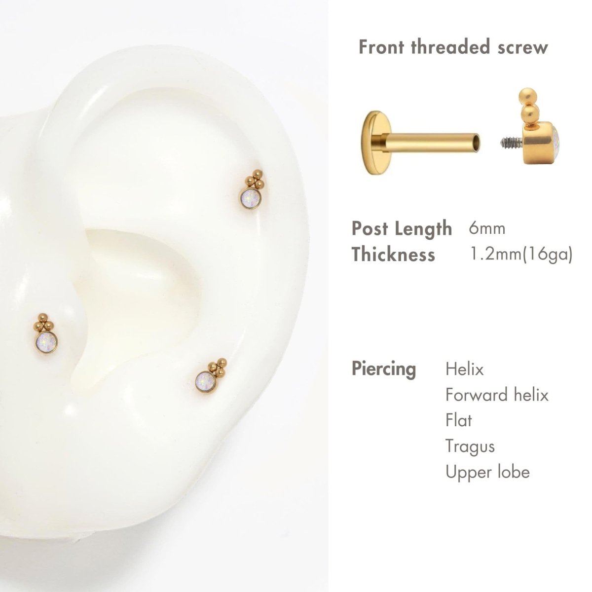 Gold titanium flat back stud with a white opal and bead trio, shown on a model's ear with a size guide