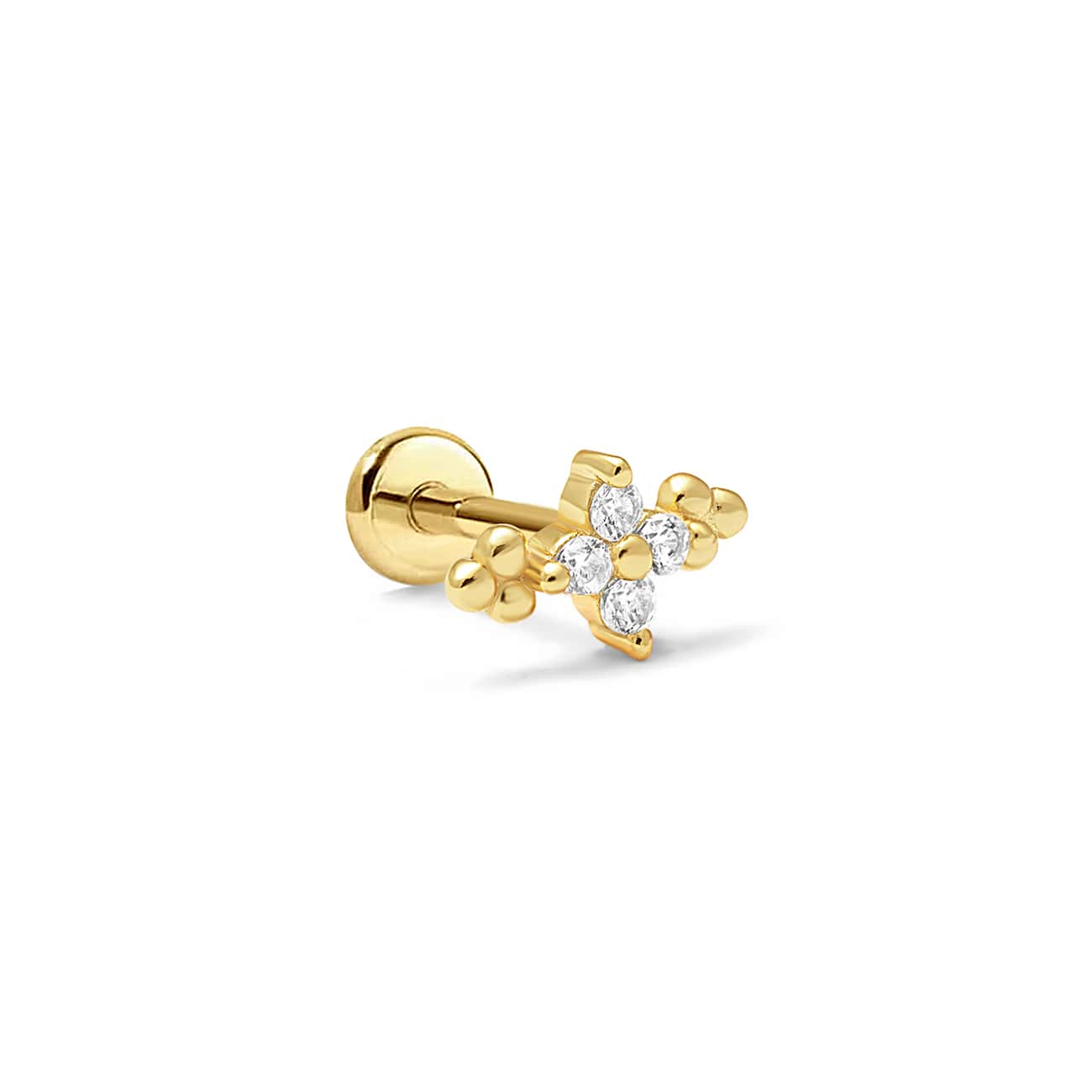 Gold vermeil flat back stud with a clustered four-stone zirconia flower and beaded accents, on a white background