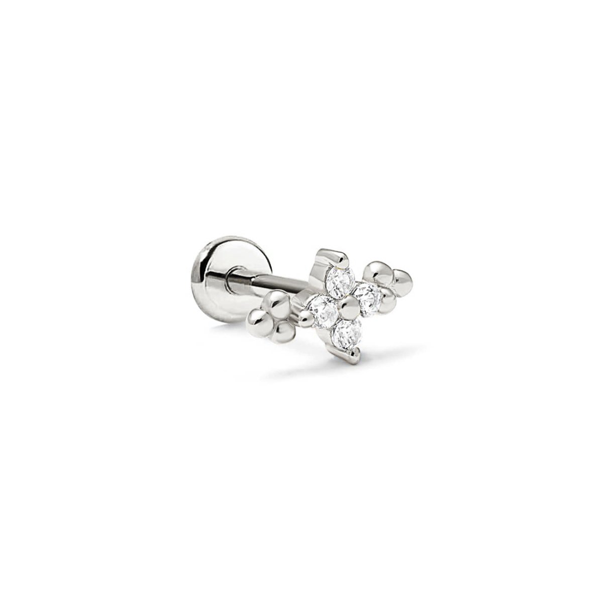 Sterling silver flat back stud with a four-stone clear zirconia flower cluster and beaded accents, on a white background