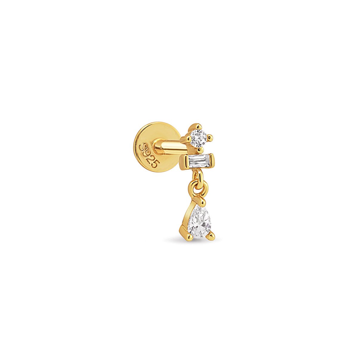 Gold vermeil flat back stud with round, baguette, and pear white zirconia drop, on a white background