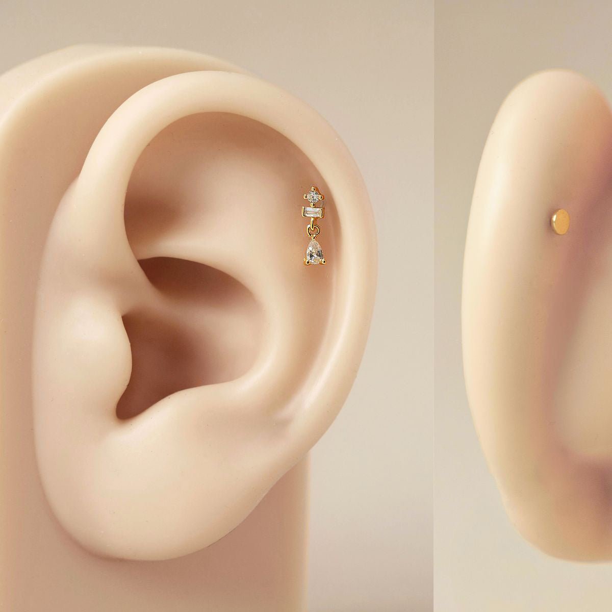 Three gold vermeil flat back studs with white zirconia, shown front and back on a silicone ear